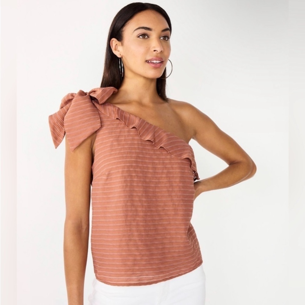 NINE WEST One Shoulder Ruffle Mocha Striped Top Blouse size XL